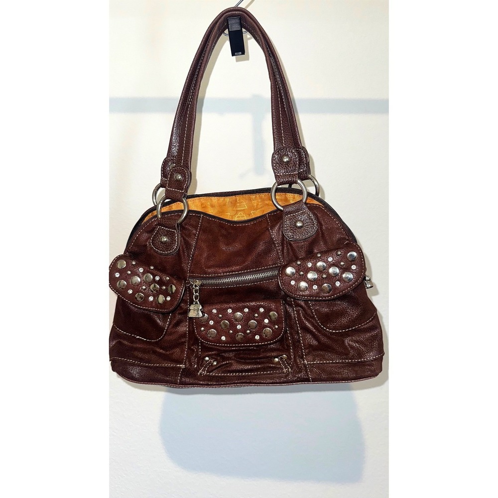 Kathy Van Zeeland Studded Hobo Bag Brown Dome Satchel Purse Top Handle